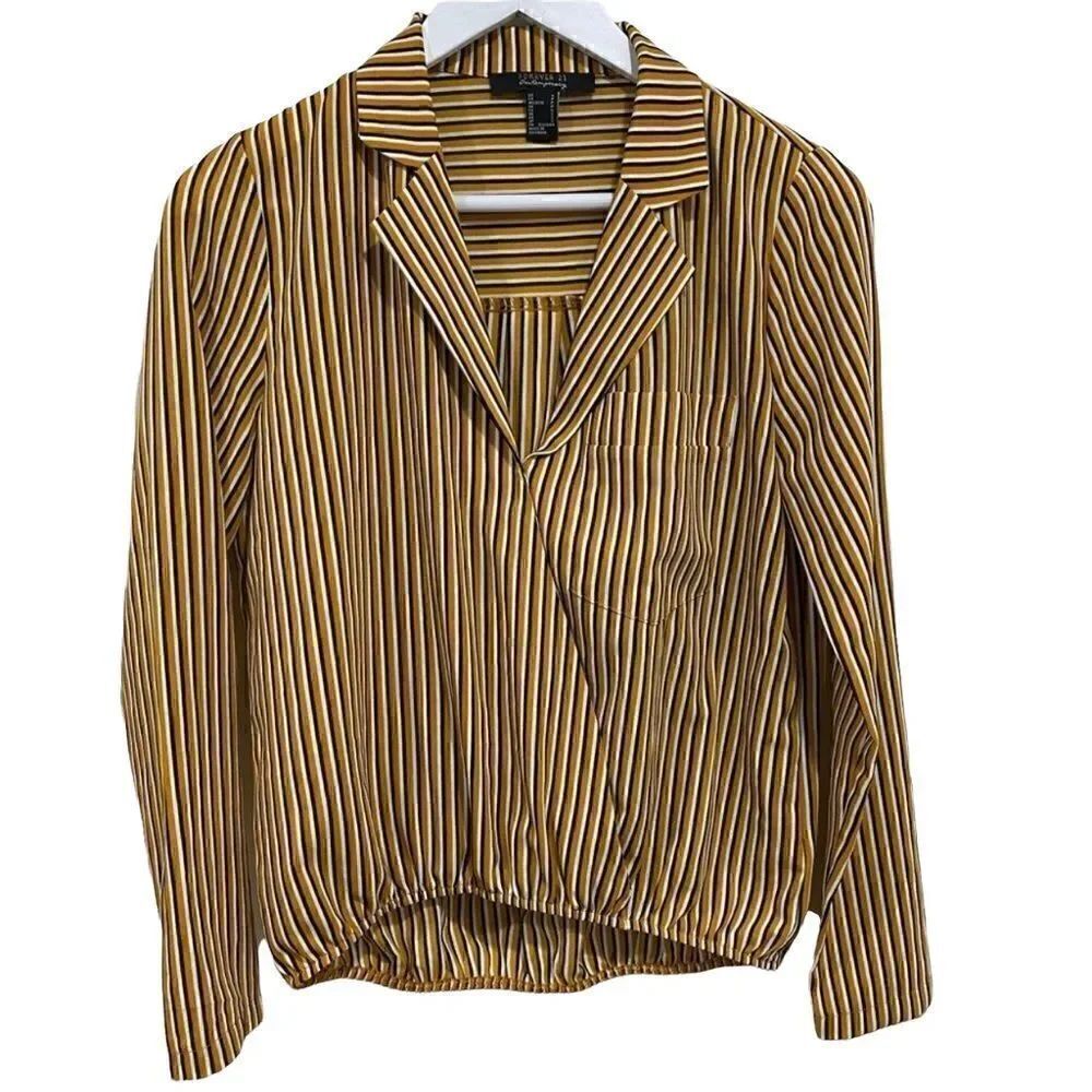 Forever 21 contemporary striped collared small long sleeve blouse mustard color